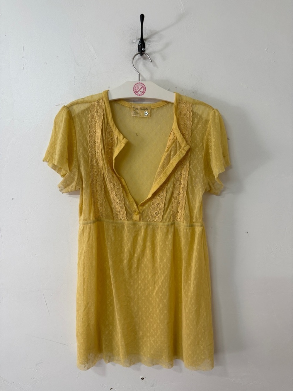 Free People Yellow Lace Trim Sheer Blouse 1994